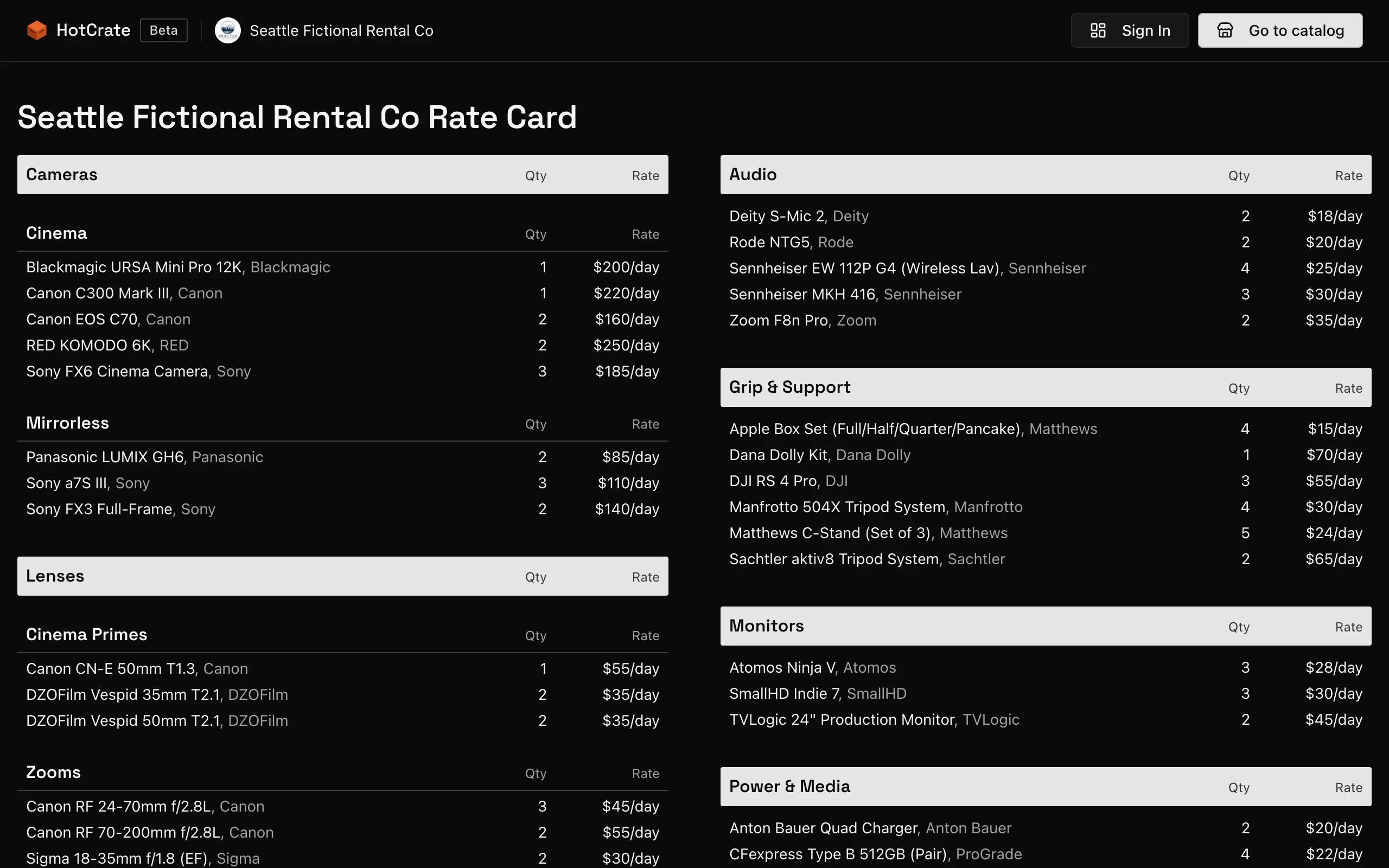 Rate Card in HotCrate