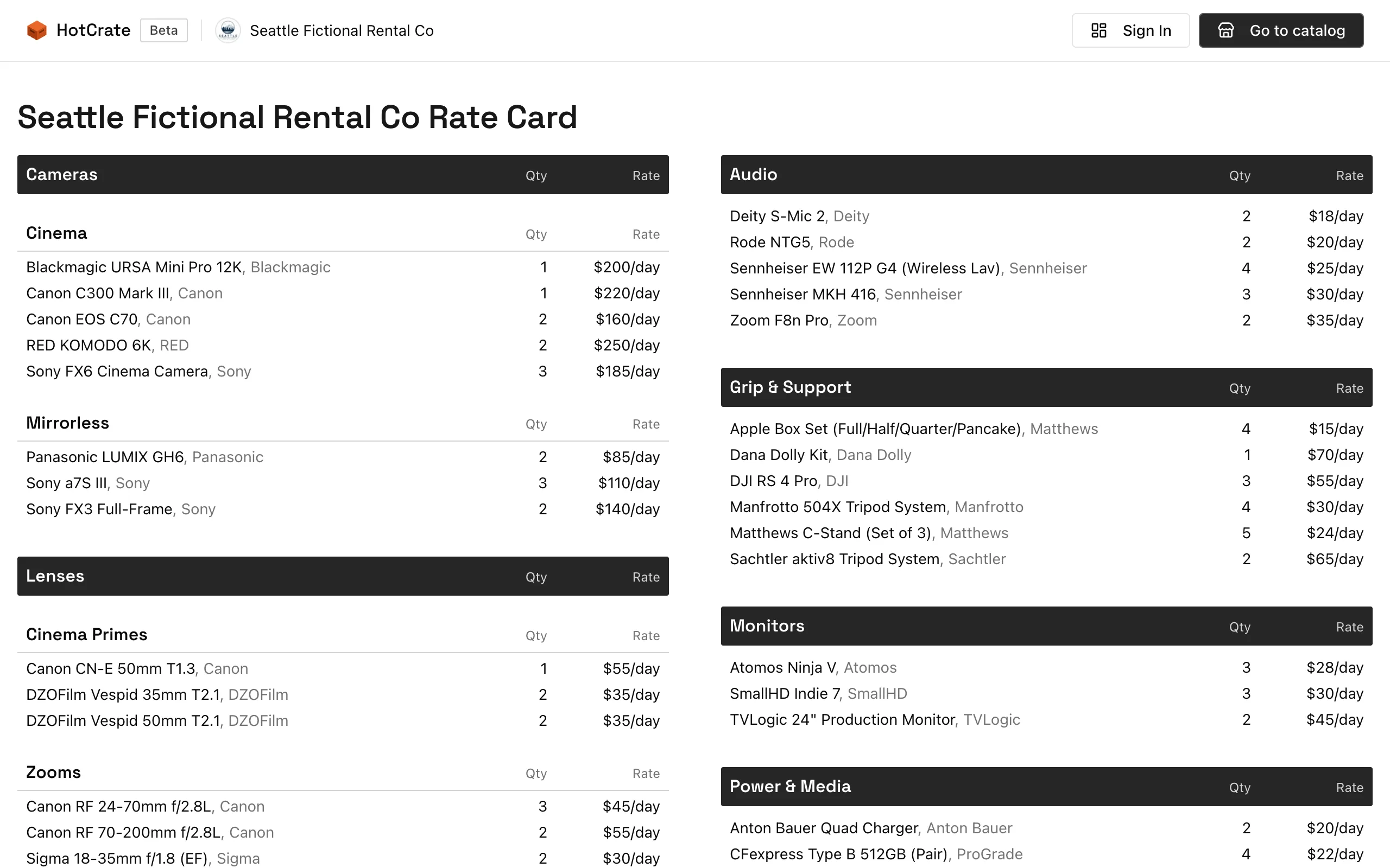 Rate Card in HotCrate